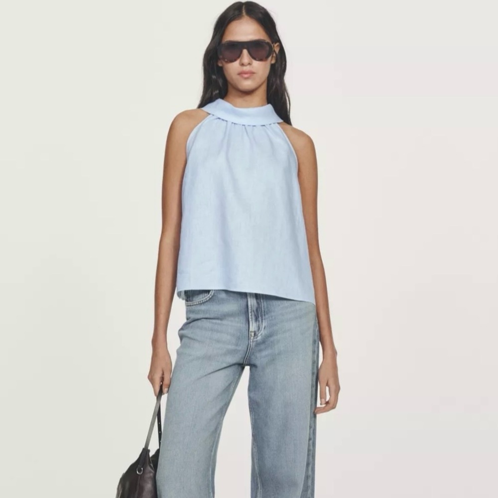 Massimo Dutti 100% LINEN HALTERNECK TOP NWT Sky Blue 5117/300/403